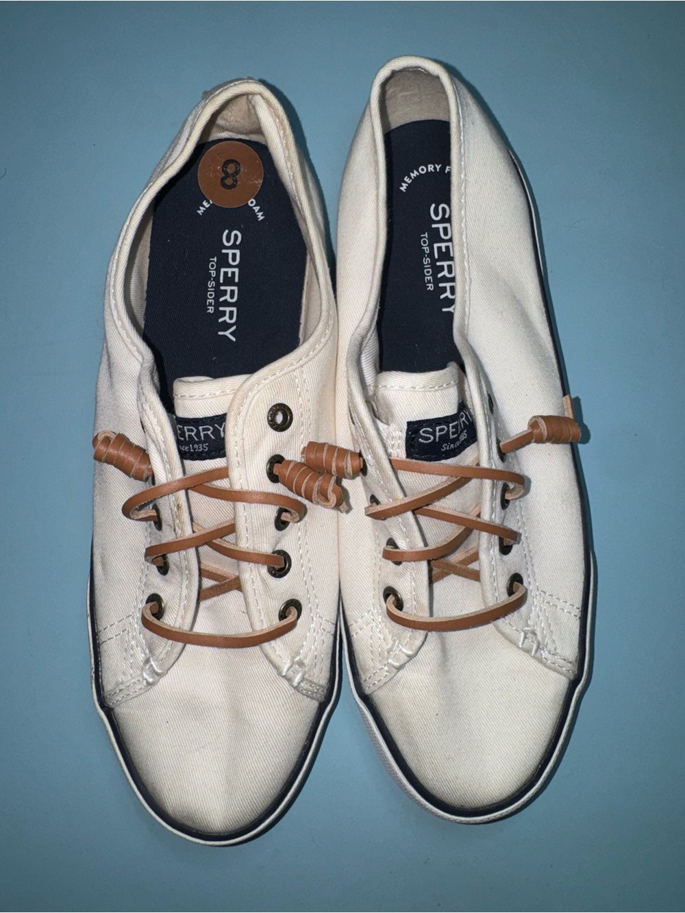 Sperry Woen’s Cream Canvas Boat Shoes with Tan Laces